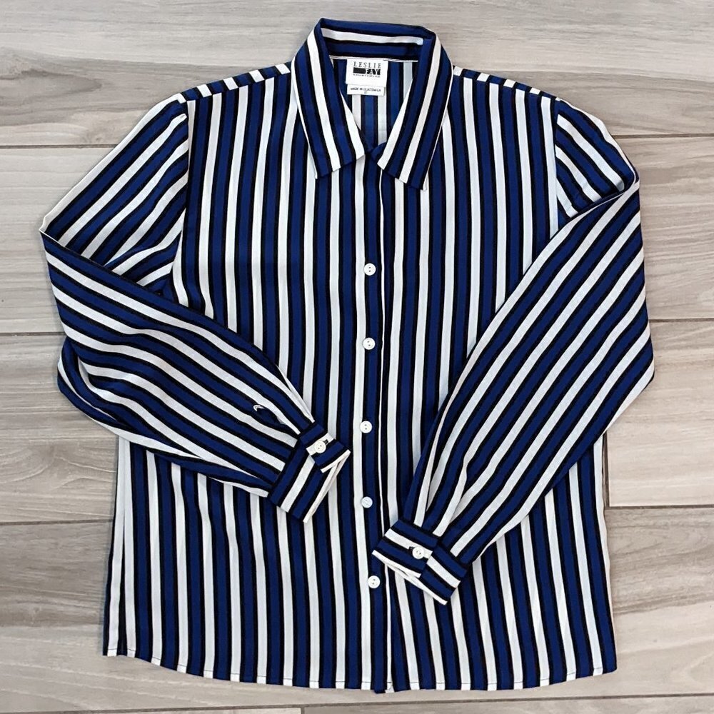 Vintage: Leslie Fay Blue, Black, White Striped Shirt